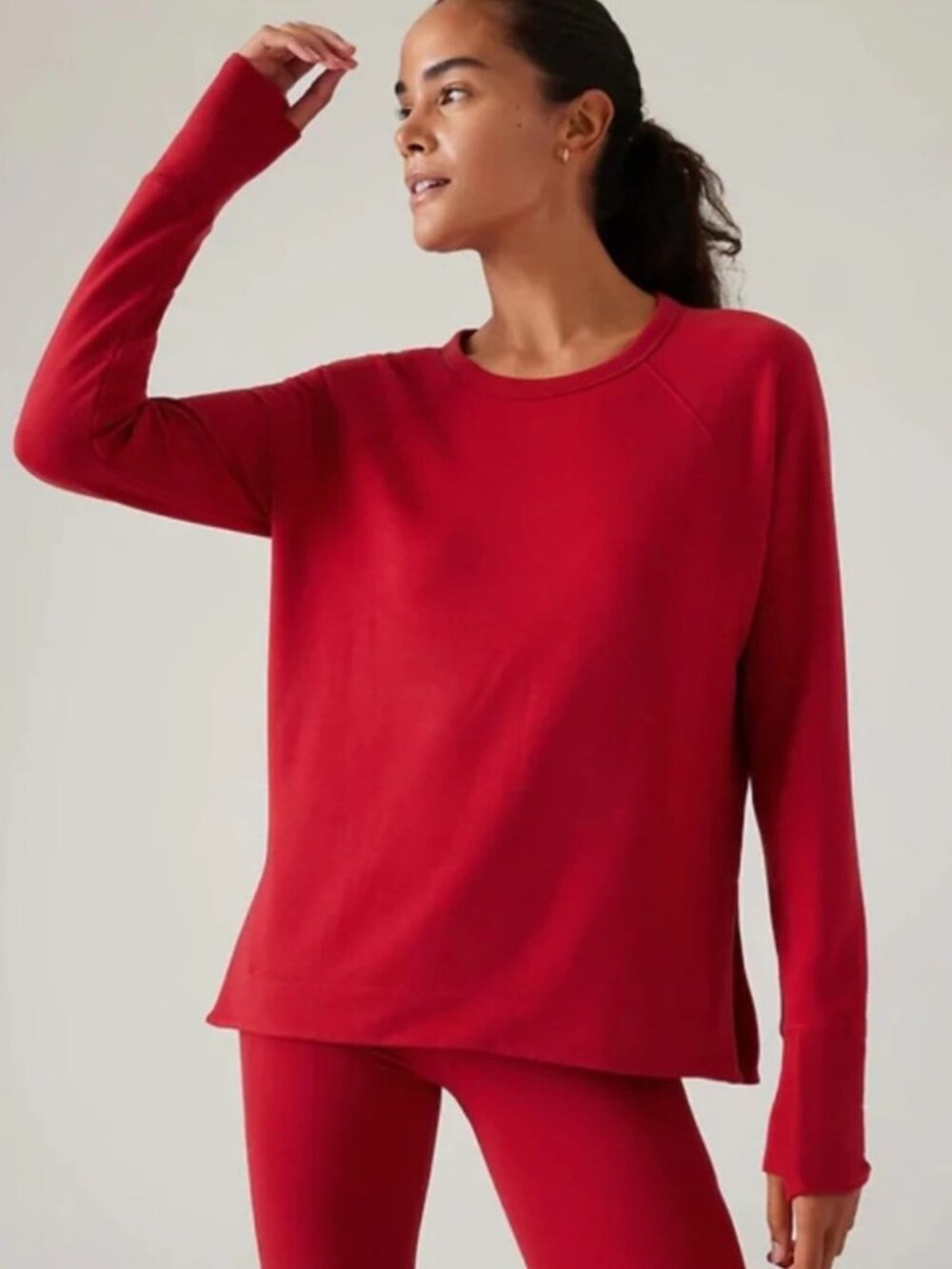 ATHLETA Coaster Luxe Sweatshirt L Red Longline Tunic Thumbhole Soft Athleisure
